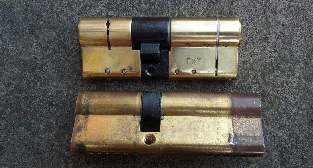 An old vulnerable euro cylinder compared to an ABS secure euro cylinder